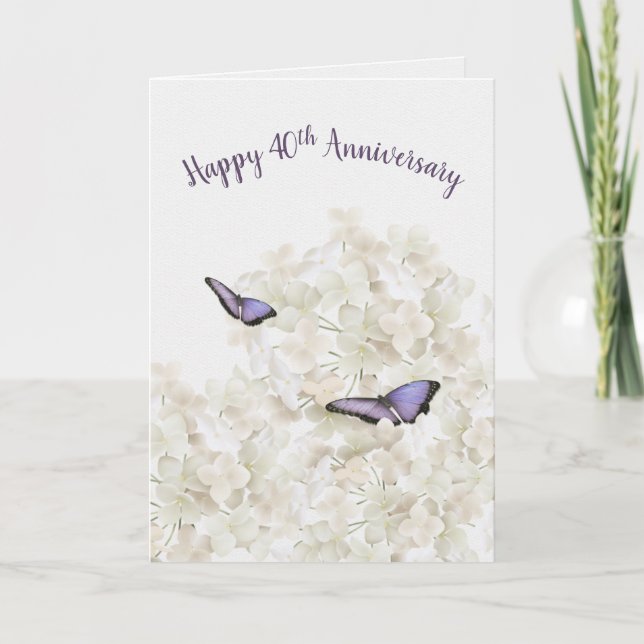 Carte Papillons du 40e anniversaire sur Hydrangea blanch (Devant)