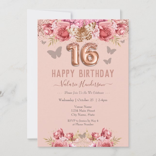 Carte Papillons floraux rose joyeux 16e anniversaire (Devant)