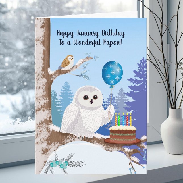 Carte Papou Happy January Birthday Snowy Owl (Créateur téléchargé)