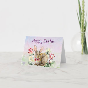 Carte Pâques Aquarelle avec lapin et fleurs