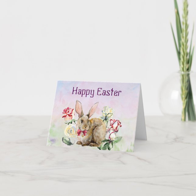 Carte Pâques Aquarelle avec lapin et fleurs (Devant)