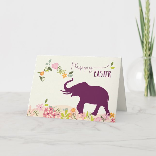 Carte Pâques avec espoir et Joyeux éléphant et fleurs (Devant)