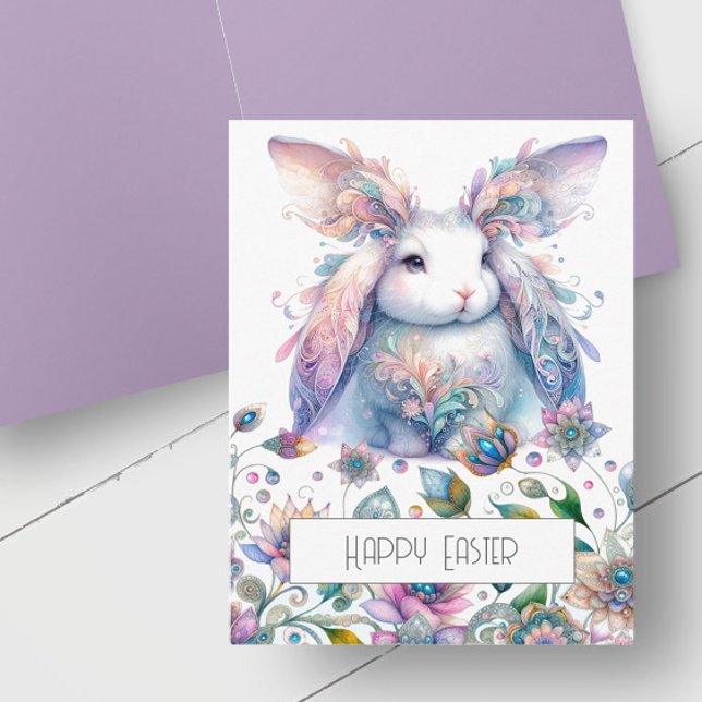 Carte Pâques Bunny Fleurs Printemps mignonnes (Spring bunny birthday cards features unique rabbit and floral art in pastel shades of pink, purple )