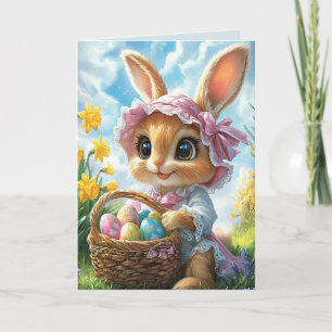 Carte Pâques Bunny Pink Bonnet Oeufs de panier