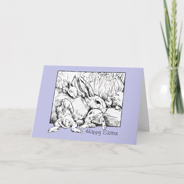 Carte Pâques Famille Bunny, Bleu (Devant)