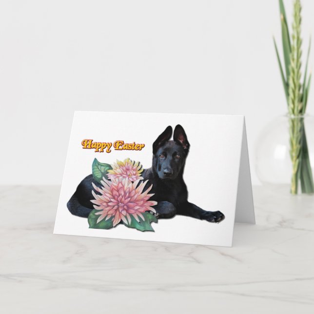 Carte Pâques Pâques Mignonne Noir Berger Pup Fleurs Mum (Devant)