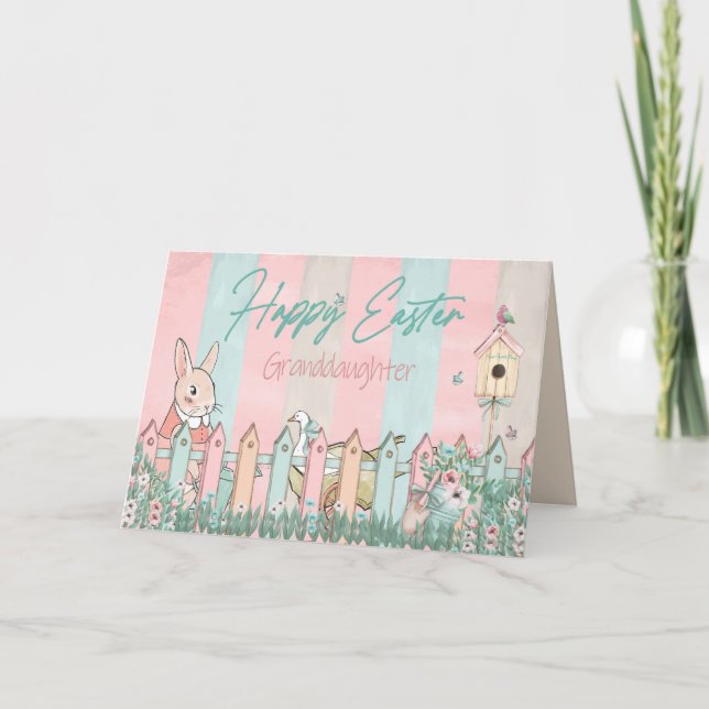 Carte Pâques, Petite-fille, Jardinage du lapin, clôture (Devant)