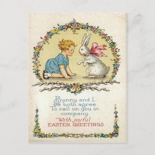 Carte Pâques vintage Bunny & Kid (Devant)