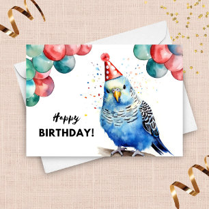 Carte Parakeet Budgie Balloons et Casquette de fête Anni