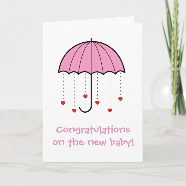 Carte Parapluie avec des coeurs (rose) - nouveau bébé de (Devant)