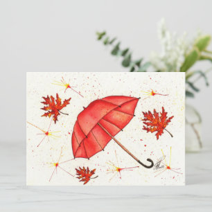 Carte Parapluie rouge vif et aquarelle feuille rouge