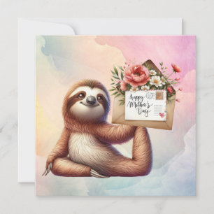 Carte Paresseux pour la fête des mères avec des fleurs