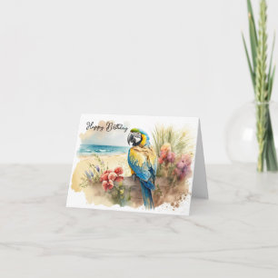 Carte Parrot d'anniversaire avec fleurs tropicales