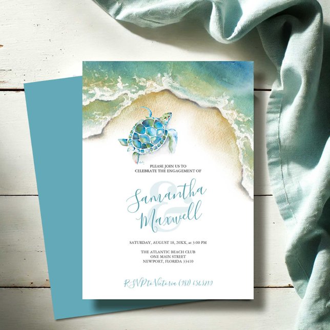 Carte Partie d'engagement Aquarelle de tortue de mer tro (Engagement party invitations beach wedding watercolor sea turtle art by Victoria Grigaliunas)