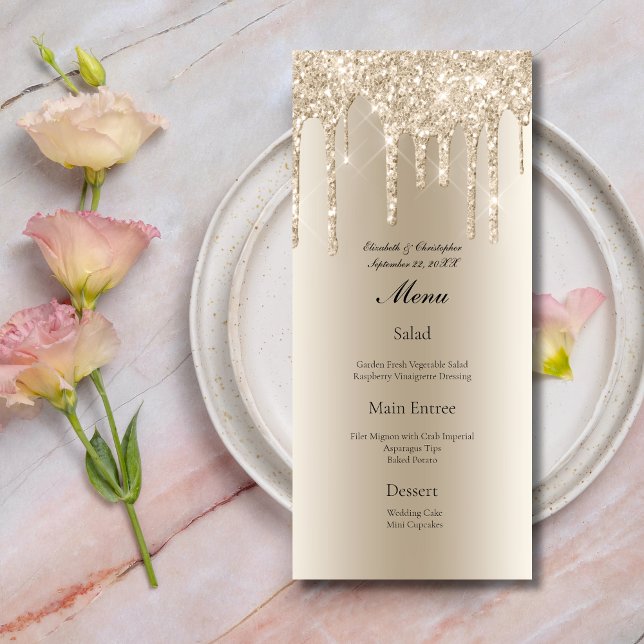 Carte Parties scintillant à goutte de champagne Glam Bli (Champagne Dripping Glitter Wedding Menu)