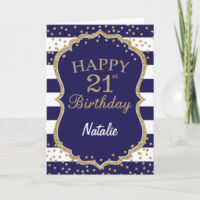 Carte Parties scintillant bleu et or Marine 21e annivers (Devant)