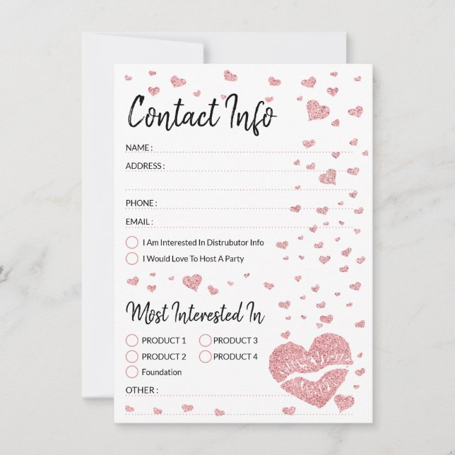 Carte Parties scintillant coeur rose lèvres Coordonnées  (Devant)