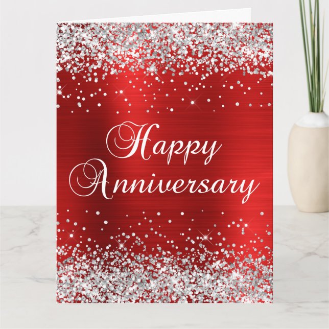 Carte Parties scintillant d'argent Red Happy Anniversair (Devant)