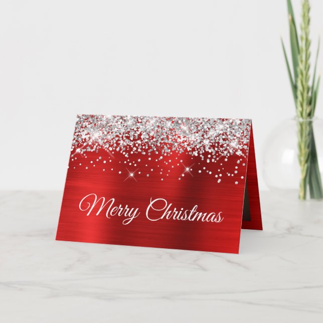 Carte Parties scintillant d'argent Rouge Joyeux Noël Fam (Devant)