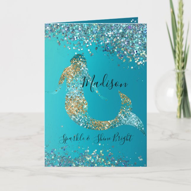 Carte Parties scintillant d'or Aqua étincelle Mermaid (Devant)