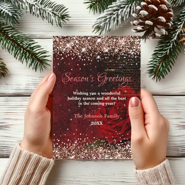 Carte Parties scintillant d'or de fleur rouge chic Noël  (Créateur téléchargé)