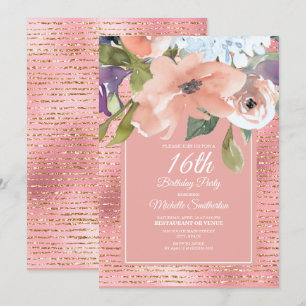 Carte Parties scintillant d'or rose bleu floral fille 16