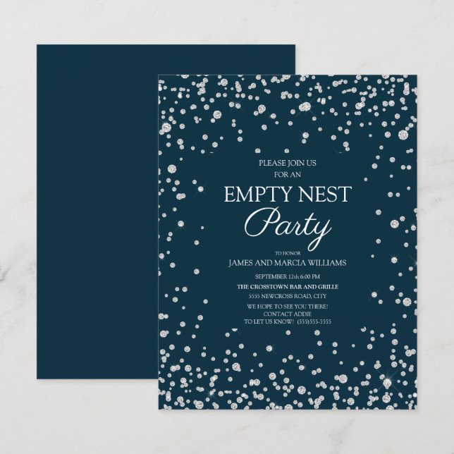 Carte Parties scintillant en argent bleu marine (Devant / Derrière)