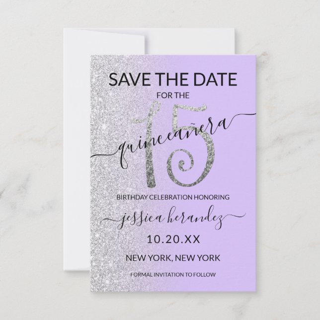 Carte Parties scintillant en argent Lavender Quinceañera (Devant)