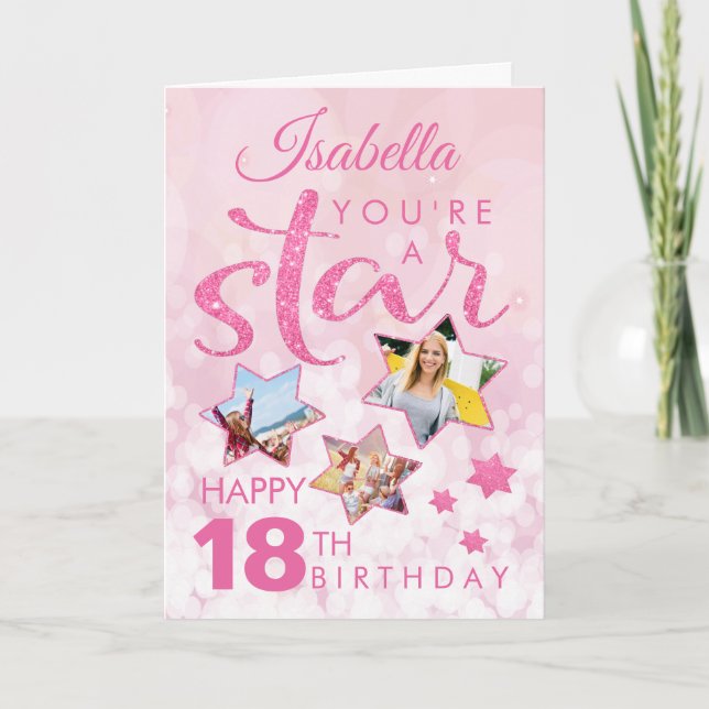 Carte Parties scintillant rose 18e anniversaire Star Pho (Devant)