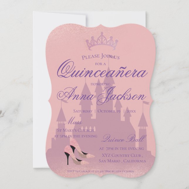 Carte Parties scintillant rose Château Quinceanera Invit (Devant)