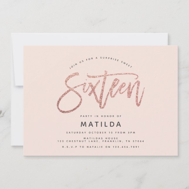 Carte parties scintillant rose en or girly surprise douc (Devant)