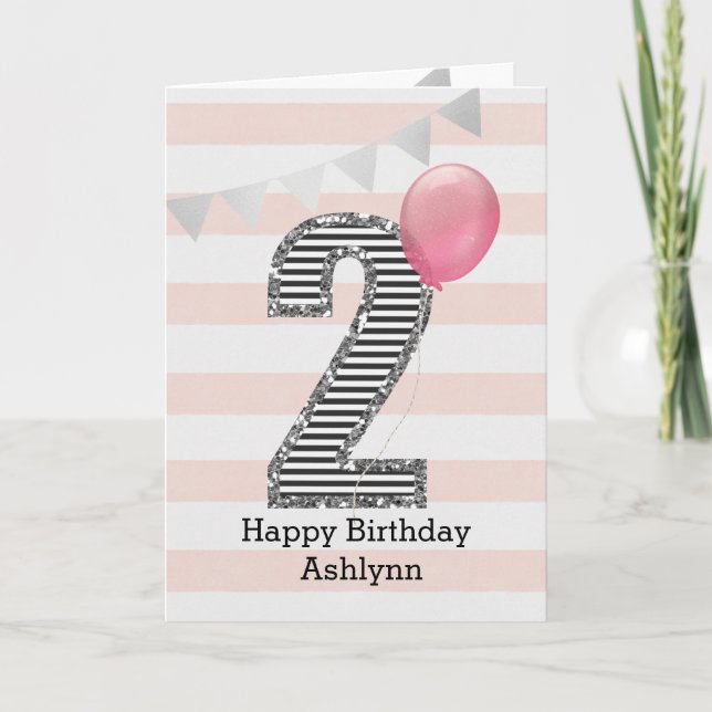 Carte Parties scintillant rose et argent 2e anniversaire (Devant)