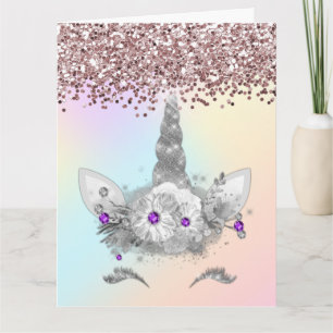 Carte Parties scintillant rose et licorne d'argent