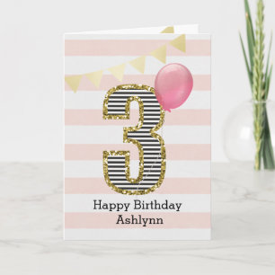 Carte Parties scintillant rose et or 3ème anniversaire f