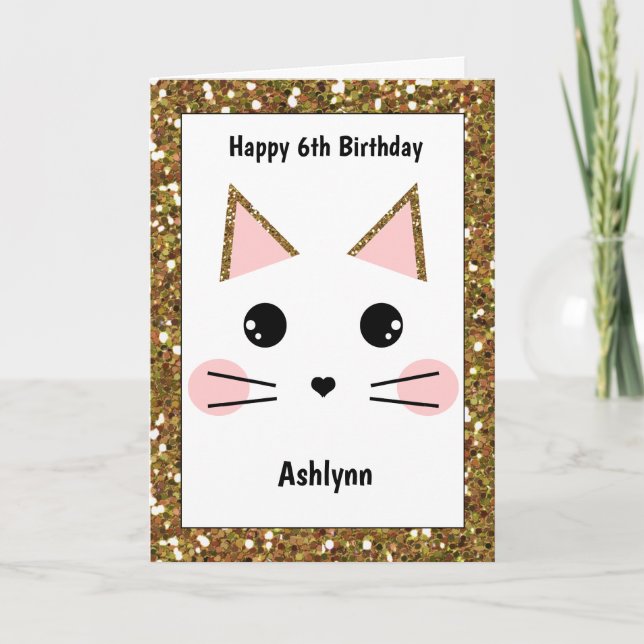 Carte Parties scintillant rose et or Chat Anniversaire (Devant)