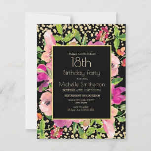 Carte Parties scintillant rose Floral Black Gold 18e ann