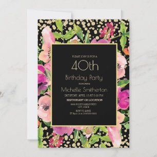 Carte Parties scintillant rose Floral Black Gold 40e ann