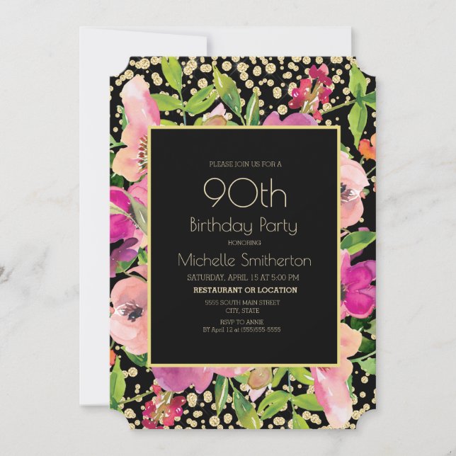 Carte Parties scintillant rose Floral Black Gold 90e ann (Devant)