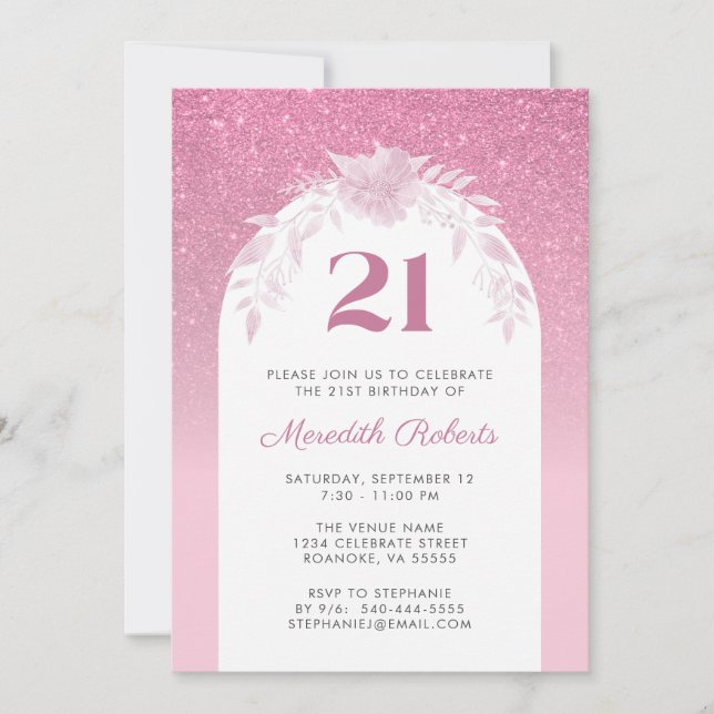 Carte Parties scintillant rose Ombre 21ème anniversaire  (Devant)