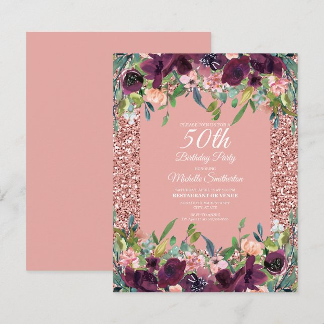 Carte Parties scintillant rose Purple Floral Femme 50e a (Devant / Derrière)