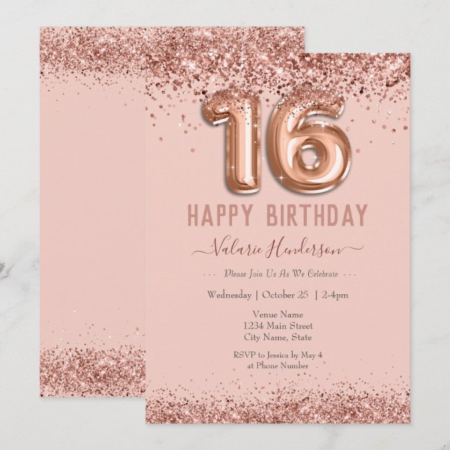 Carte Parties scintillant rose vif Joyeux 16e anniversai (Devant / Derrière)