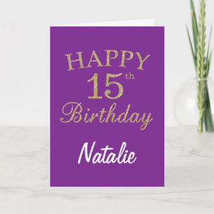 Carte Parties scintillant violet et or 15e anniversaire 