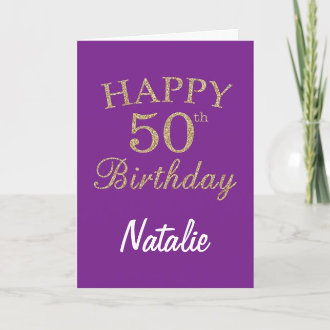 Carte Parties scintillant violet et or 50e anniversaire  (Devant)