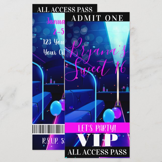 Carte Party Bus Sweet 16 All Access Pass VIP Ticket (Devant / Derrière)