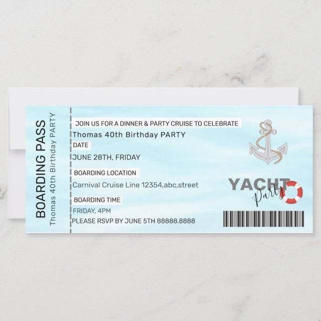 CARTE PASSE D'EMBARQUEMENT DE LA PARTIE DE BATEAU DE YAT (Devant)