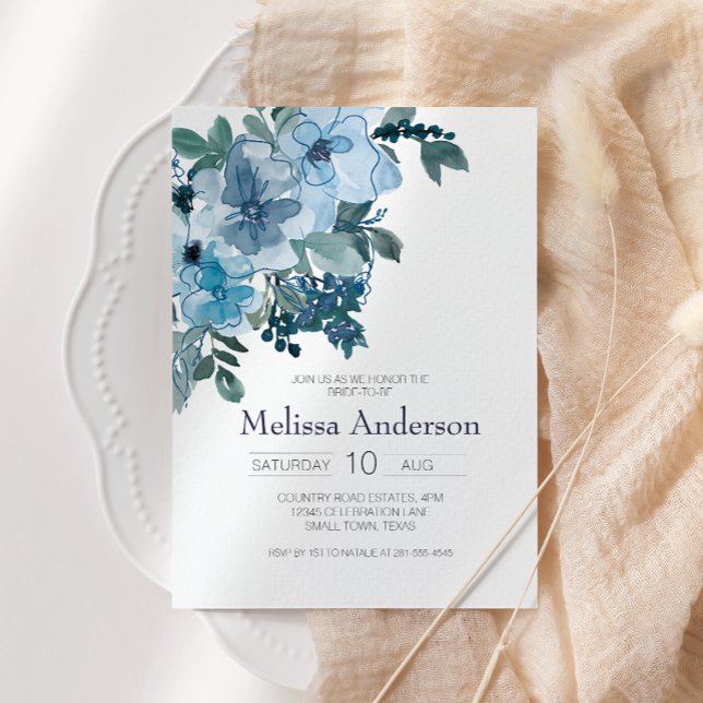 Carte Pastel Blue Aquarelle Rose Fête des mariées Floral (Créateur téléchargé)