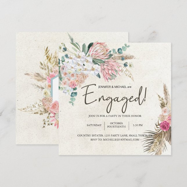 Carte Pastel Boho Neutre Floral Élégant Fiançailles (Devant / Derrière)