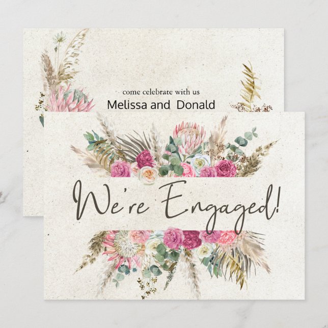 Carte Pastel Boho Neutre Floral Élégant Fiançailles (Devant / Derrière)