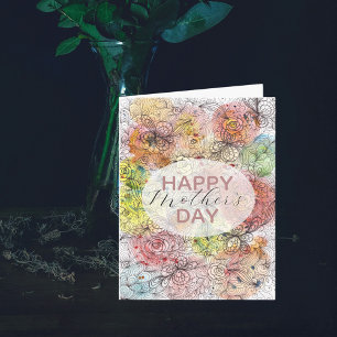 Carte Pastel Floral Aquarelle et Art de l'encre Fête des