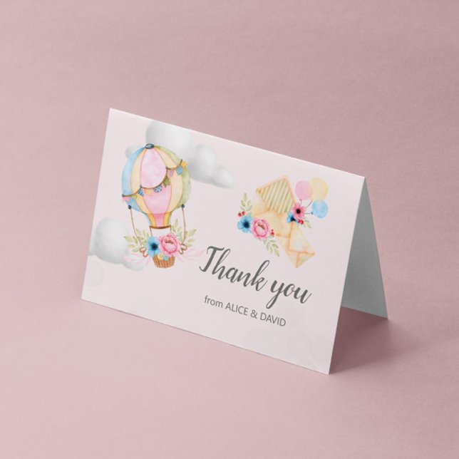Carte Pastel Floral Hot Air Balloon Merci plié (Créateur téléchargé)